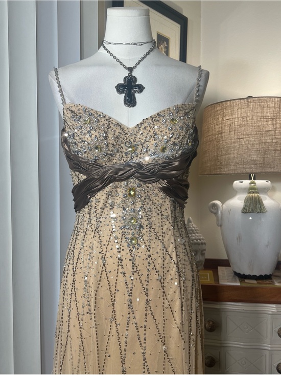Cache Dresses & Skirts - Y2K Cache Sequin Champagne Maxi Dress with Brown Sash